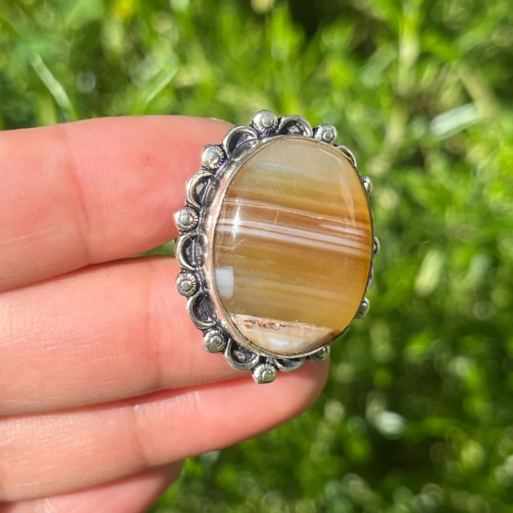 Size 7.5‎ 925 silver plated yellow banded agate ring